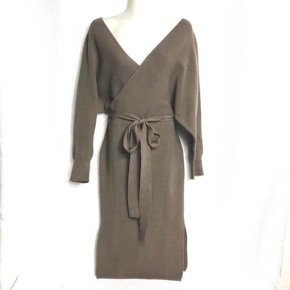 CHERFLY Khaki Brown V Neck Batwing Long Sleeve Backless Sweater Dress - Picture 2 of 9